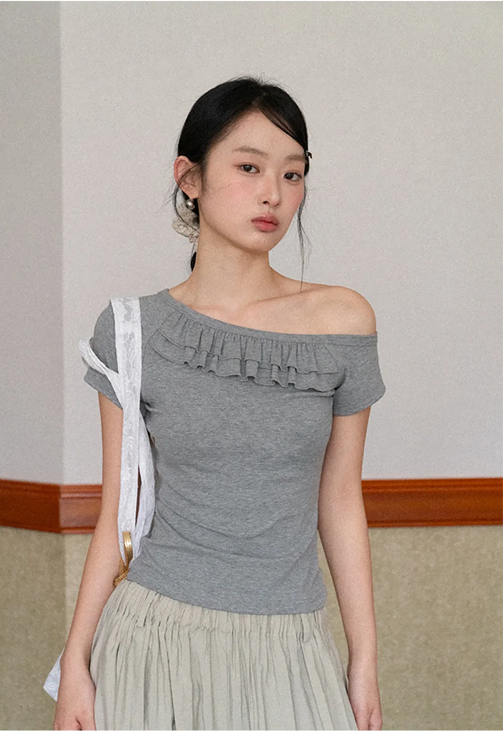 Off shoulder short sleeve top with ruffle detail