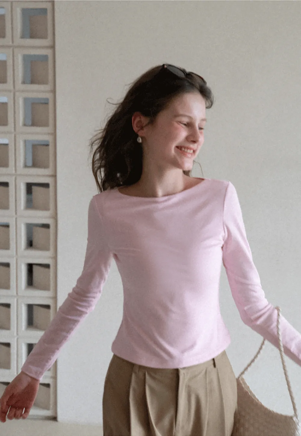 long sleeve boat neck slim fit top