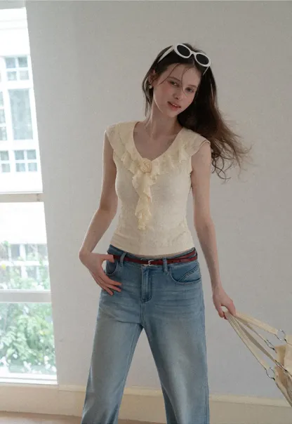 Sleeveless Top with Ruffled V Neck and Floral Detail