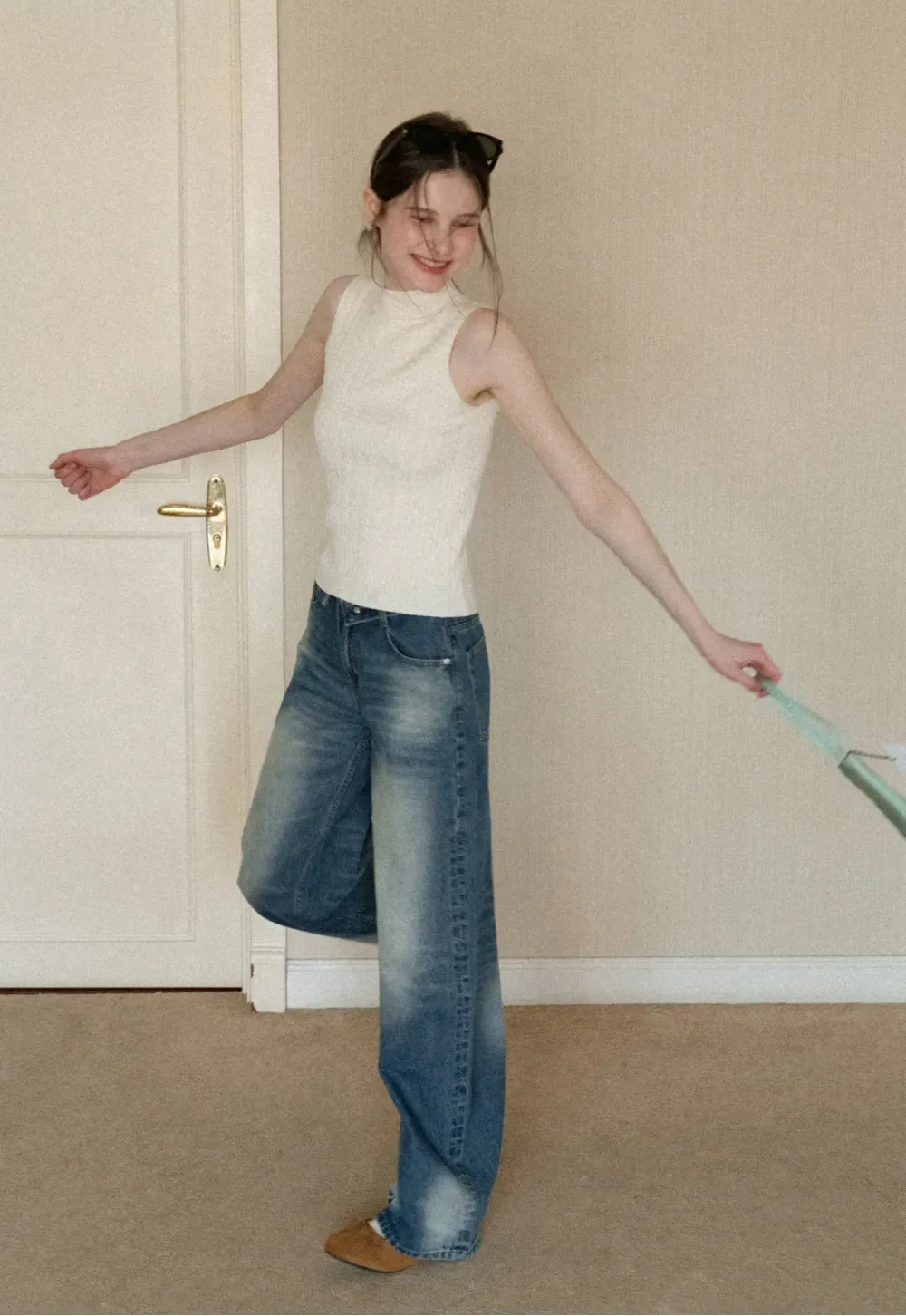 Cable Knit Sleeveless Top with High Neck Design