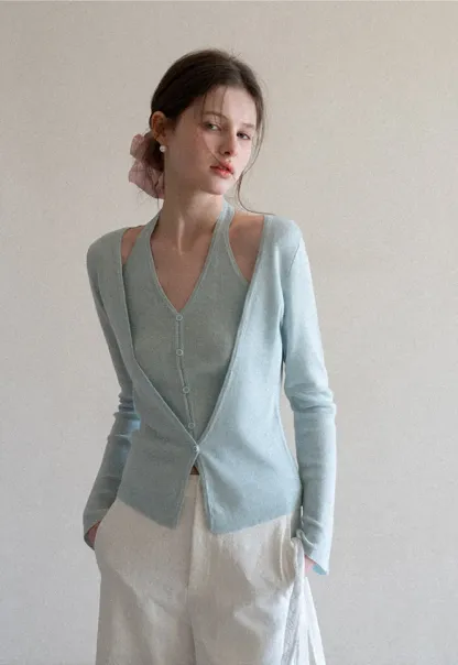 V neck long sleeve knit cardigan with open shoulders