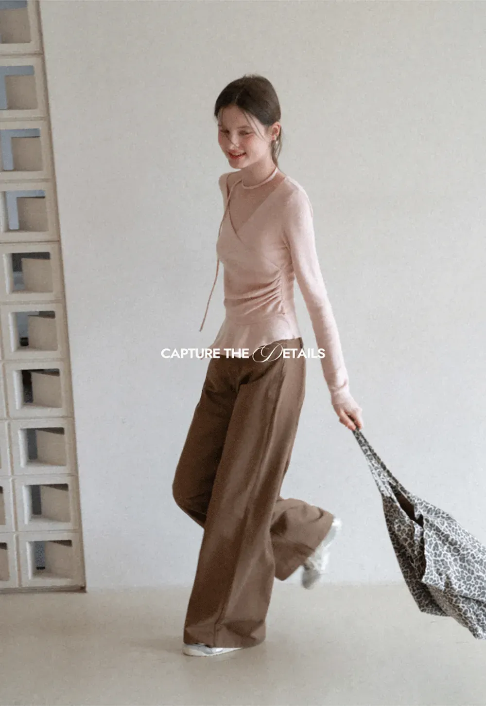 Long sleeve wrap knit sweater with ruched detail