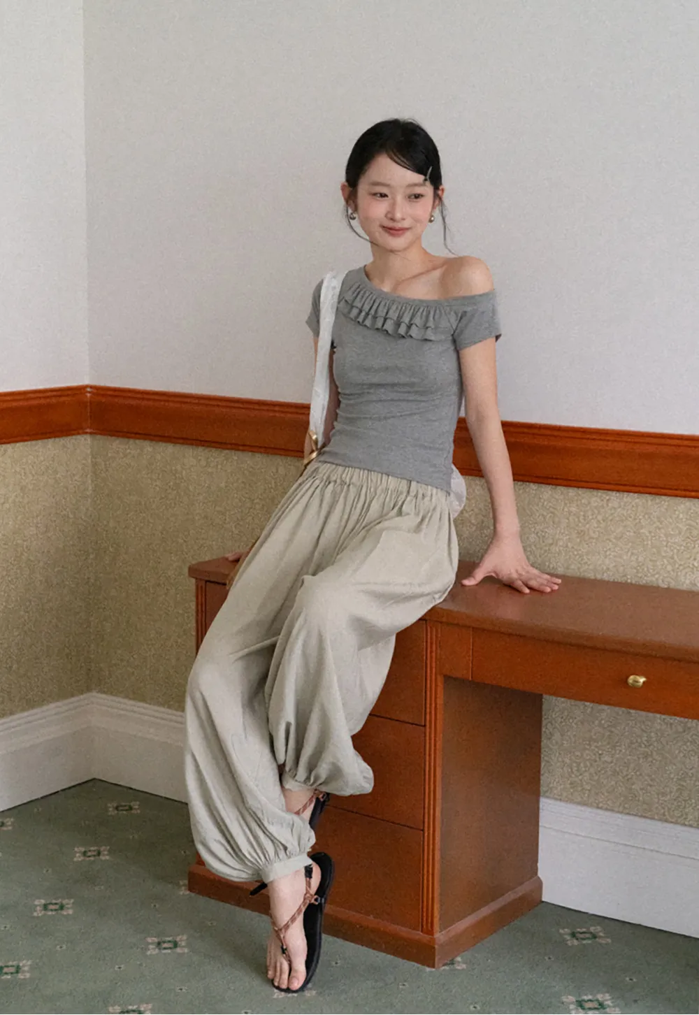 Off shoulder short sleeve top with ruffle detail