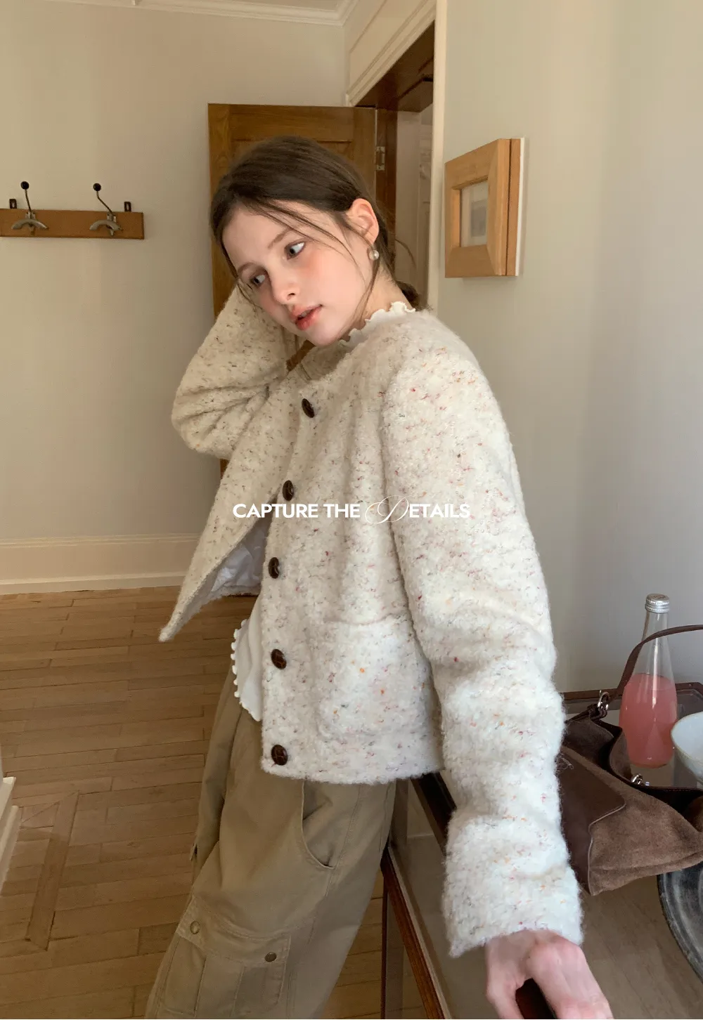 Textured Short Jacket with Long Sleeves and Round Neck