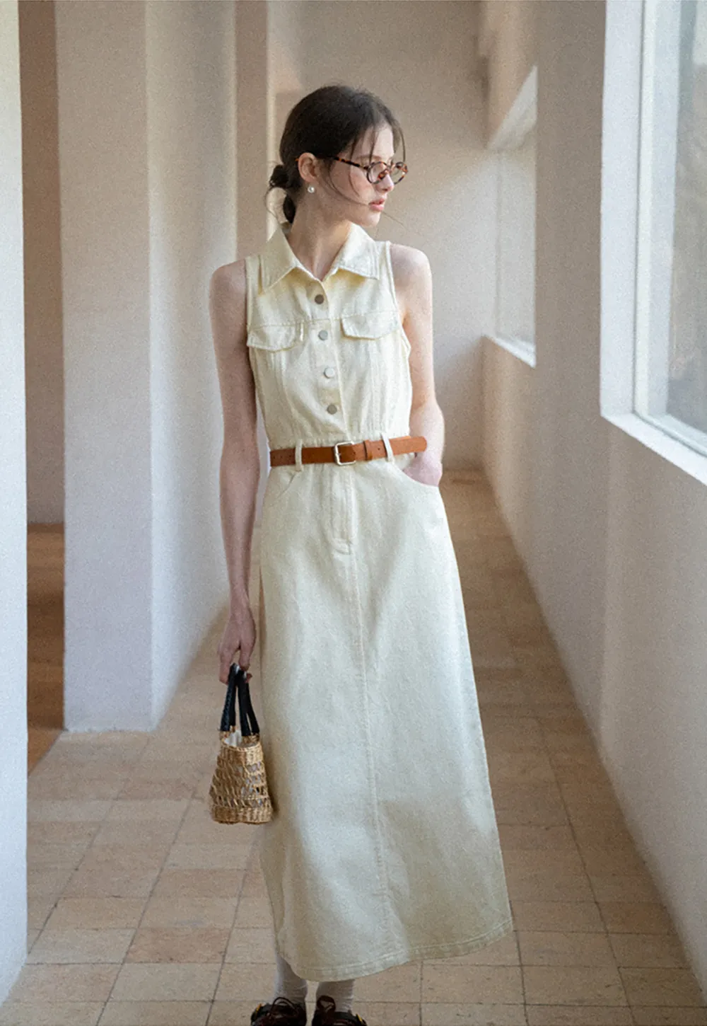 Sleeveless Collared Button Front Midi Dress