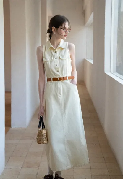 Sleeveless Collared Button Front Midi Dress