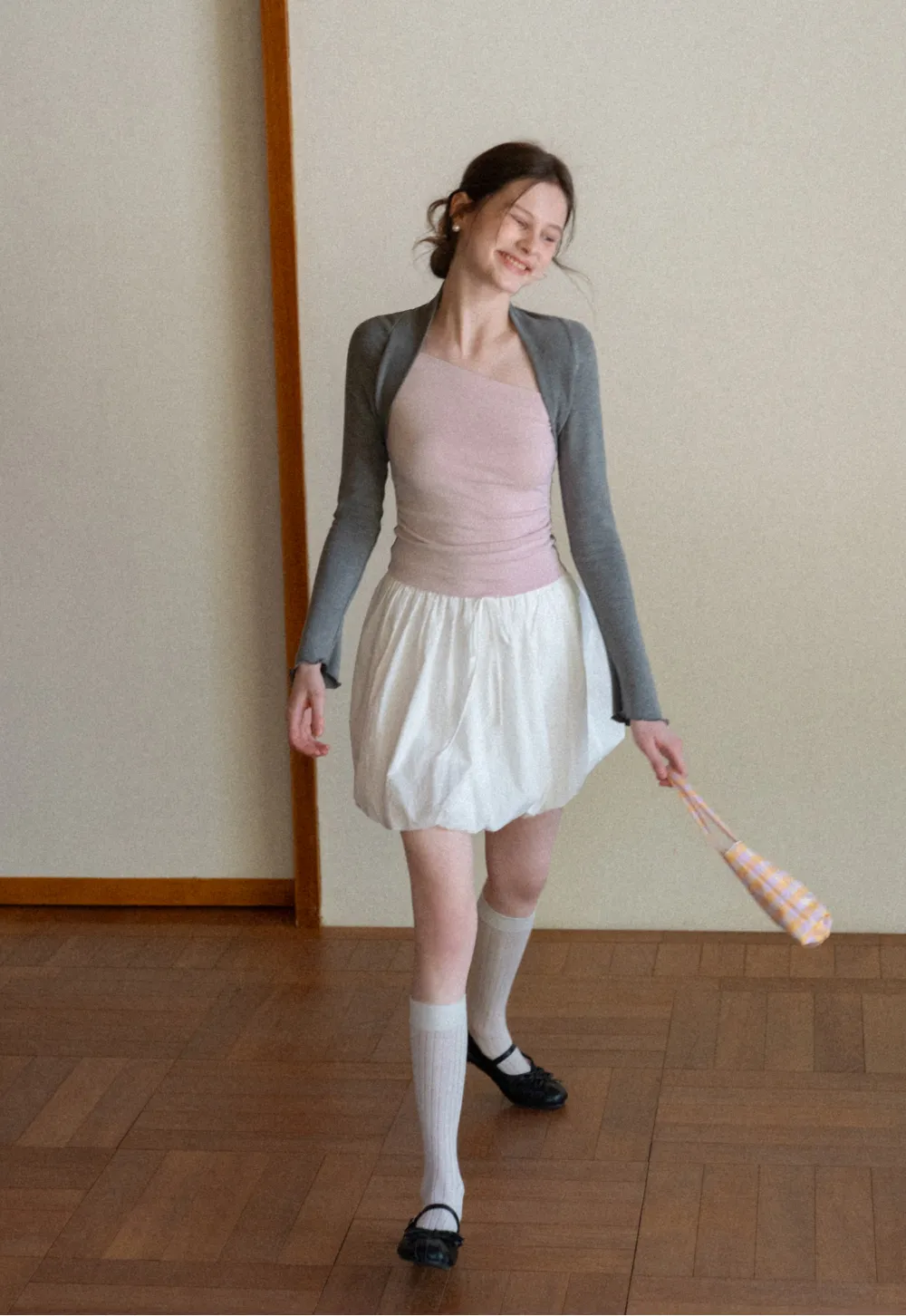 Polka dot long sleeve top with square neckline