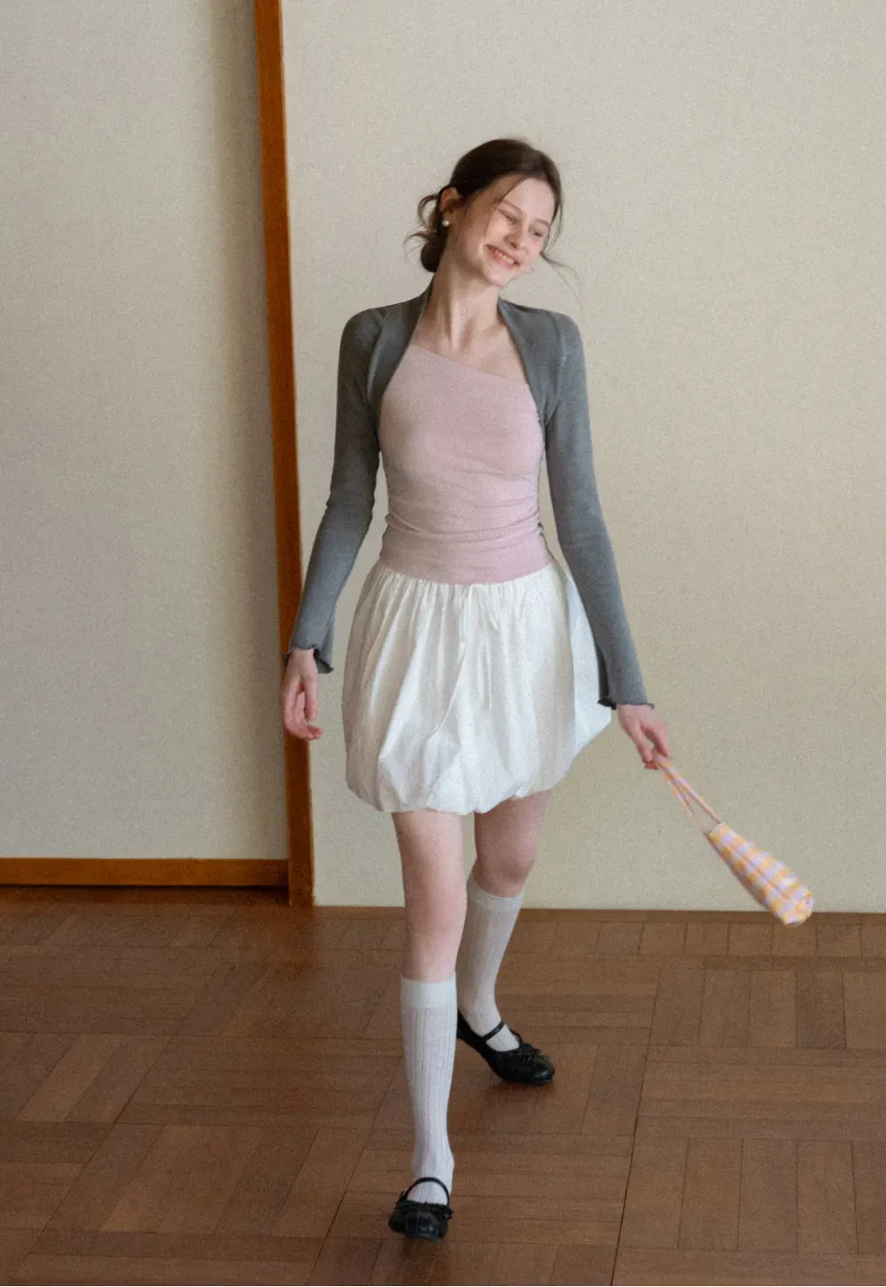 Polka dot long sleeve top with square neckline