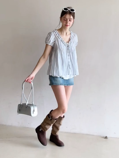 Striped short sleeve blouse with ruffled V neck