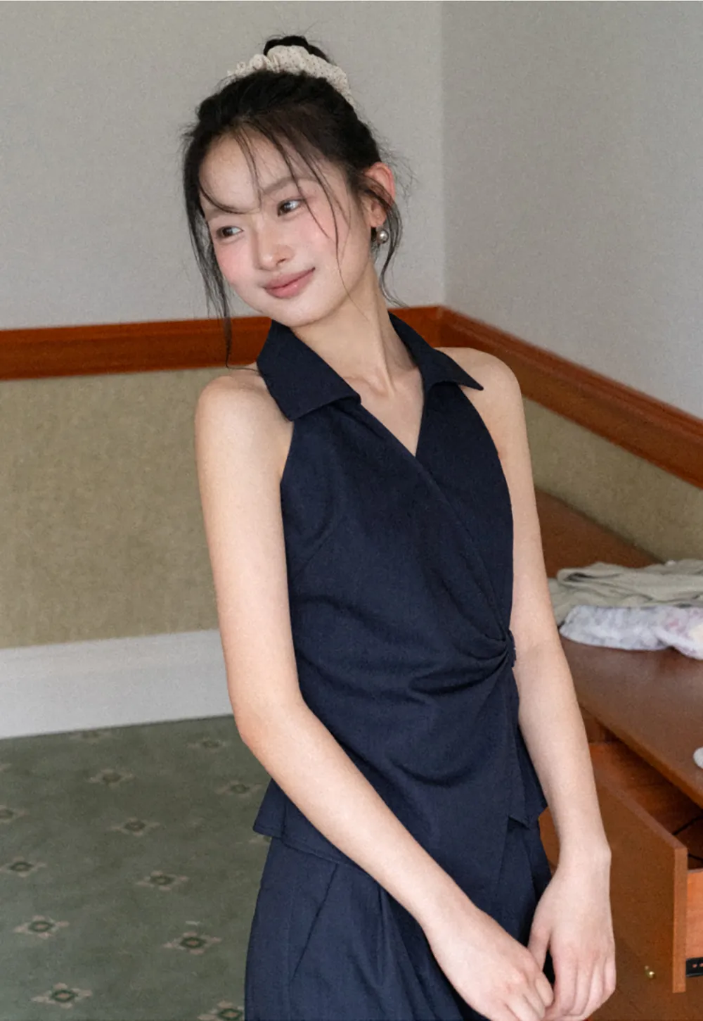 Sleeveless Collared Top with Wrap Detail and Wide Leg Pants