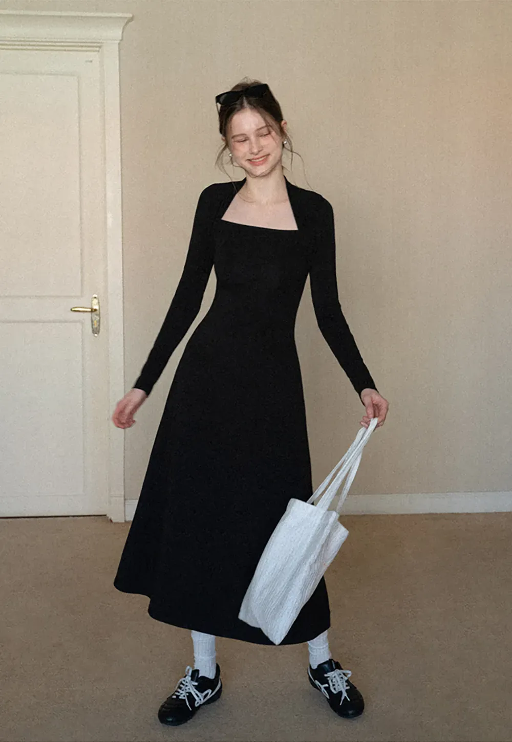 Elegant Square Neck Long Sleeve Dress