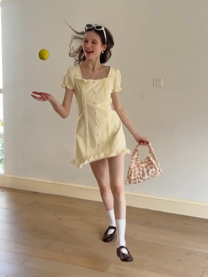 Short Sleeve Button Front Dress with Ruffled Hem