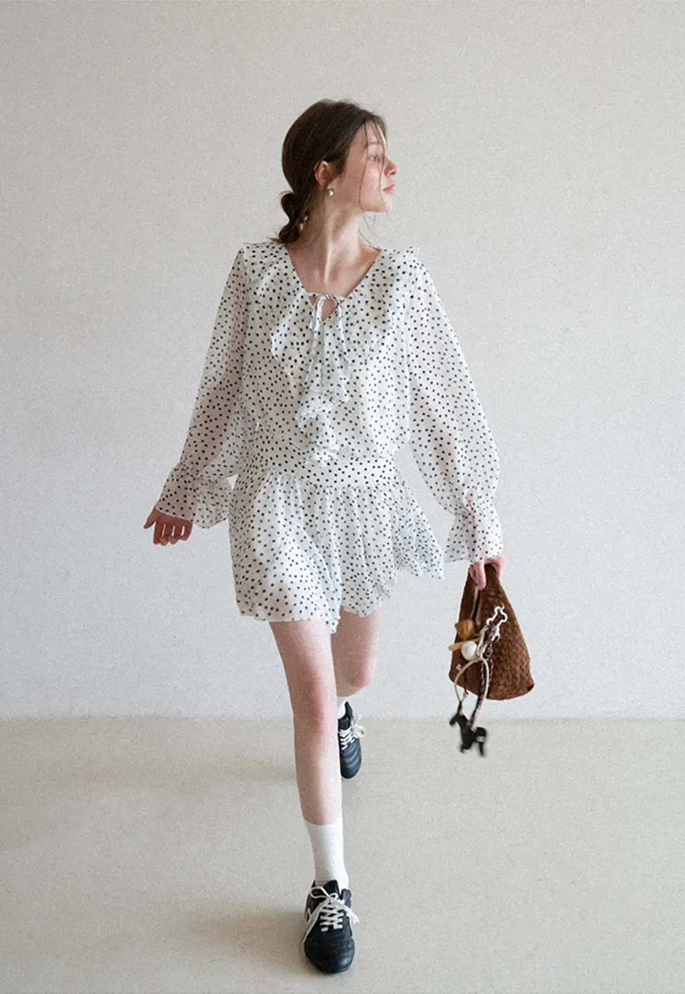 Polka Dot Ruffle Dress with V Neck and Long Sleeves