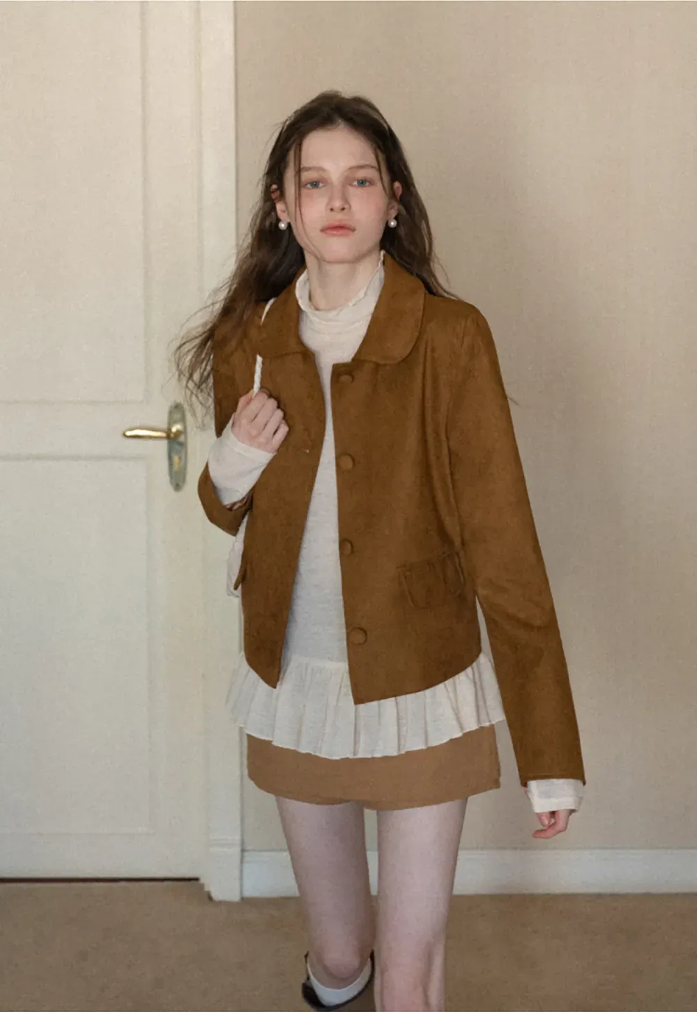 Soft Faux Suede Jacket with Button Closure and Collar Design