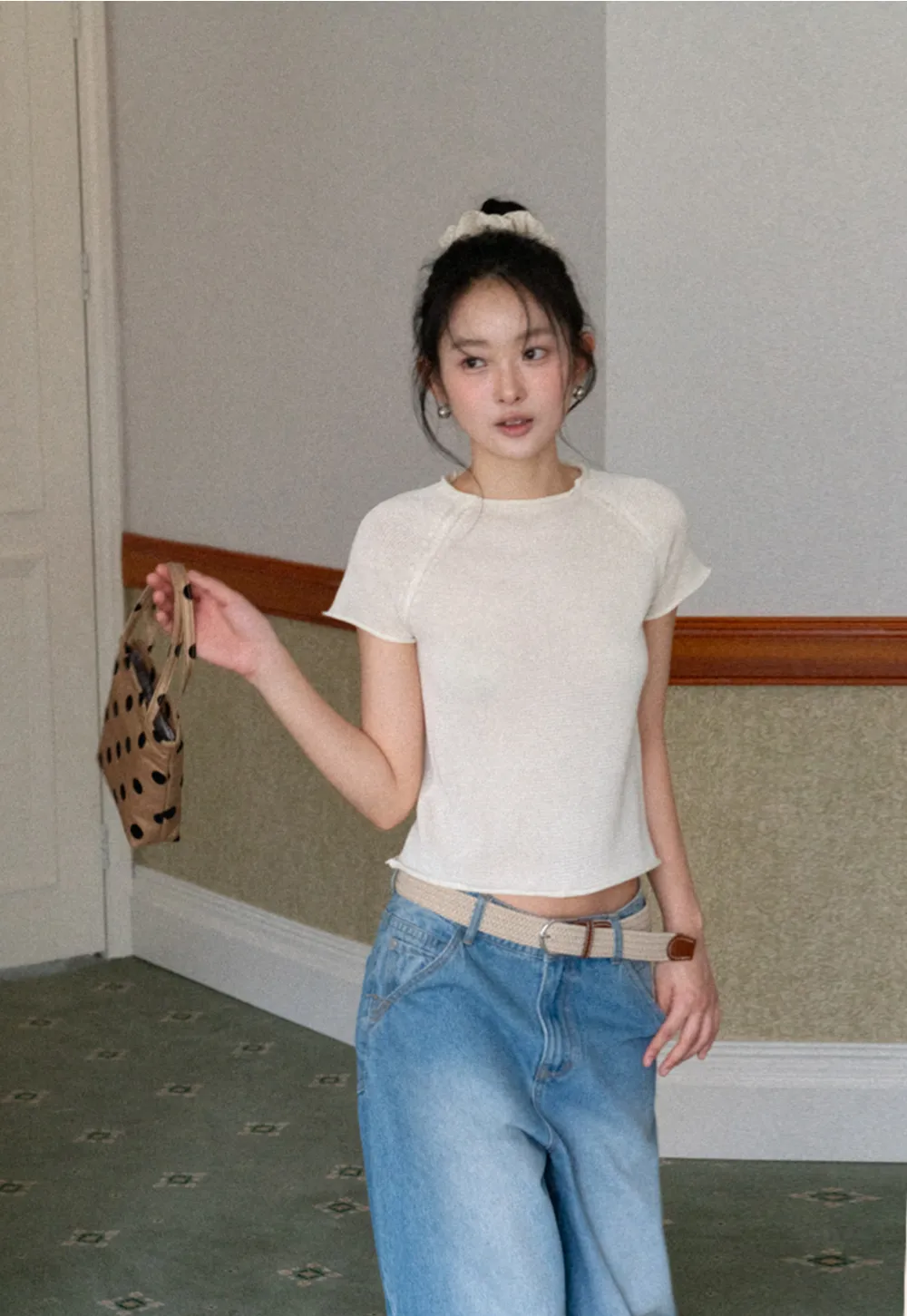 Short Sleeve Ribbed Knit Top with Raglan Sleeves