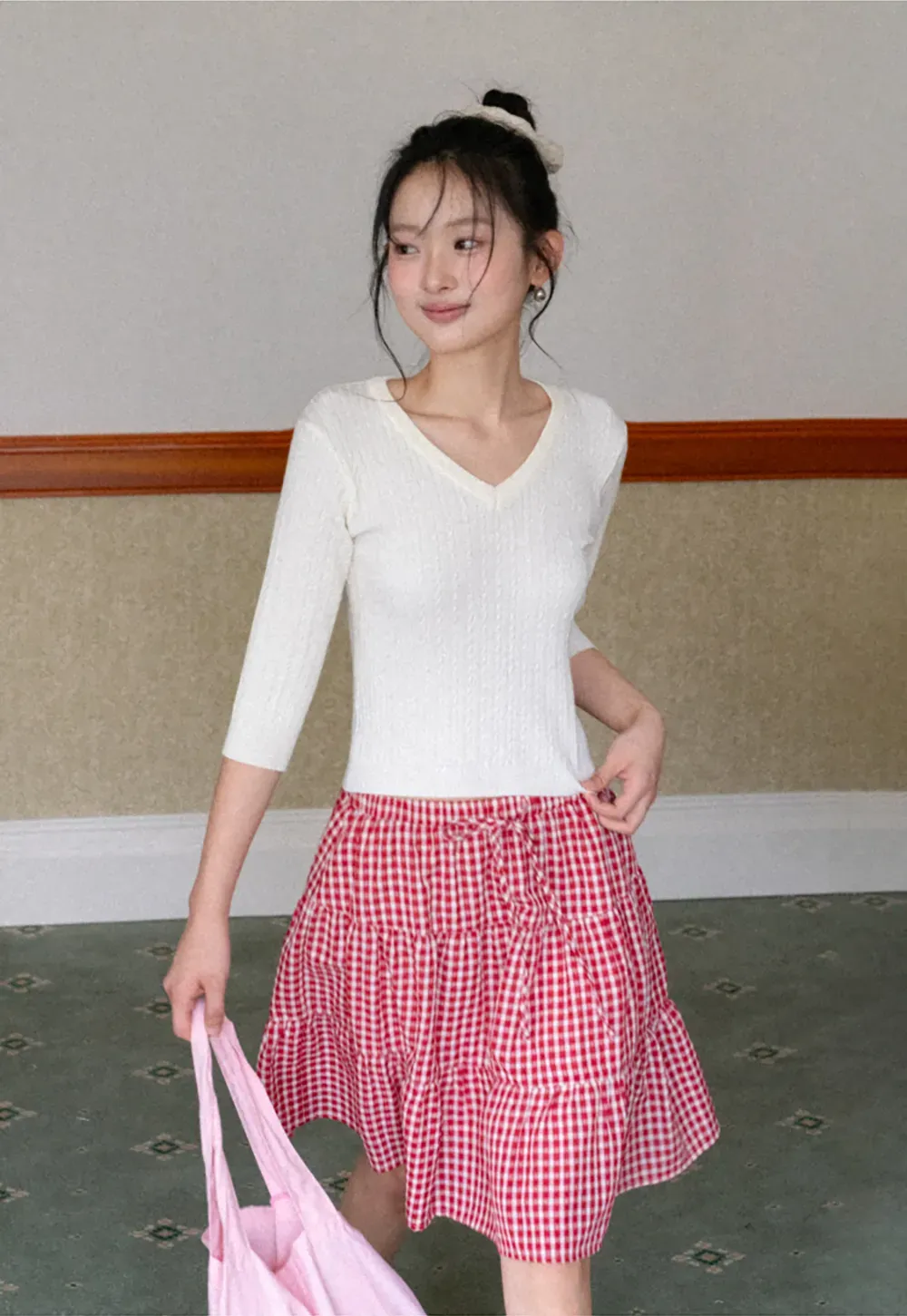 Gingham Pattern Tiered Skirt