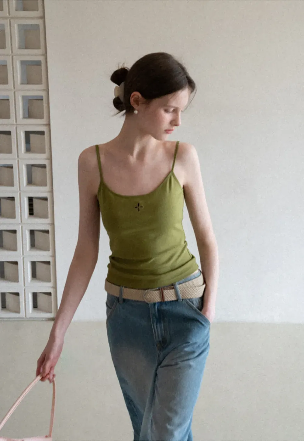 Gray tank top with small embroidered cross detail