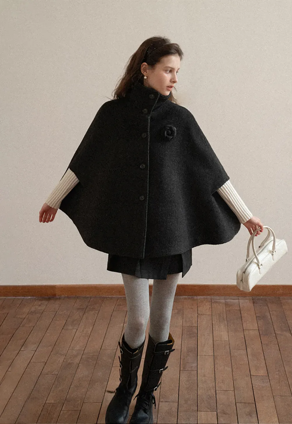Wool Cape with High Neck Design