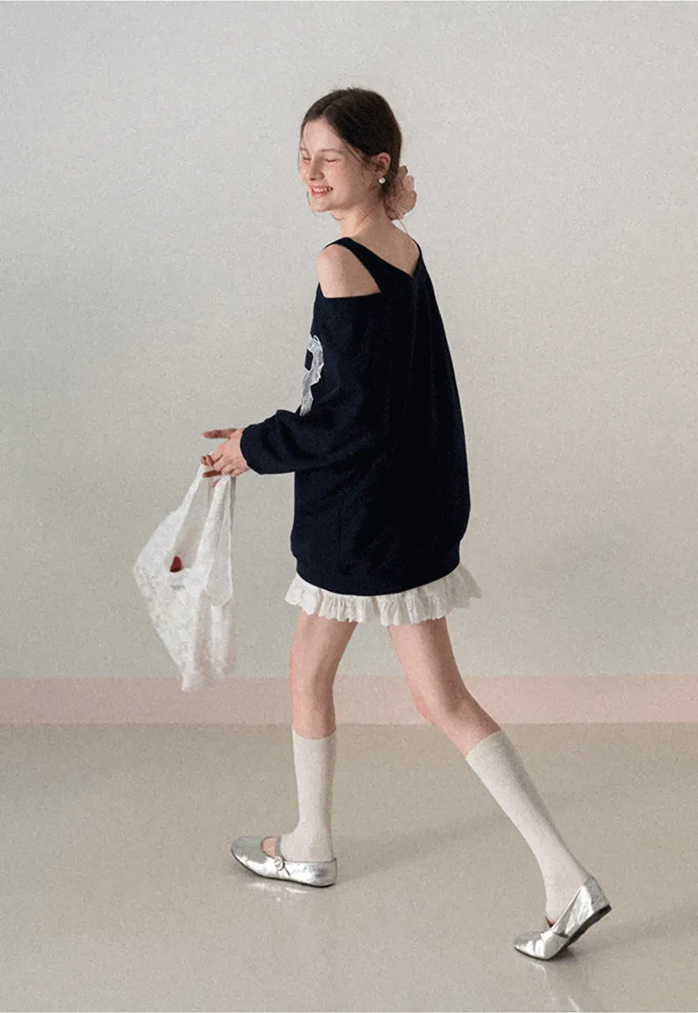 Off Shoulder Sweatshirt with Lace Number Print