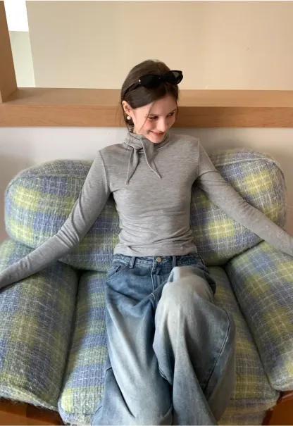 Tie Neck Long Sleeve T-Shirt Top