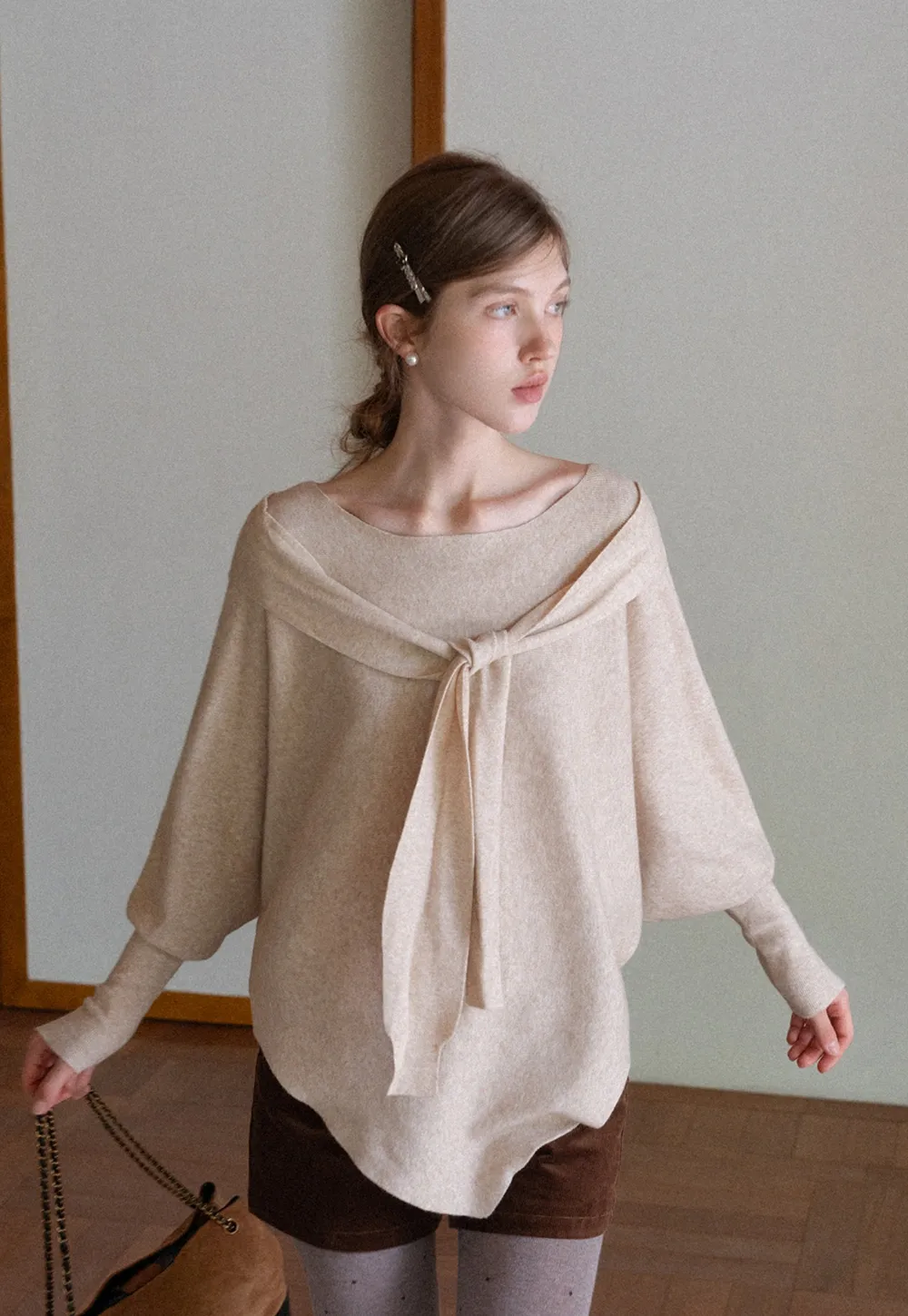 Womens Tie Collar Batwing Knit Sweater