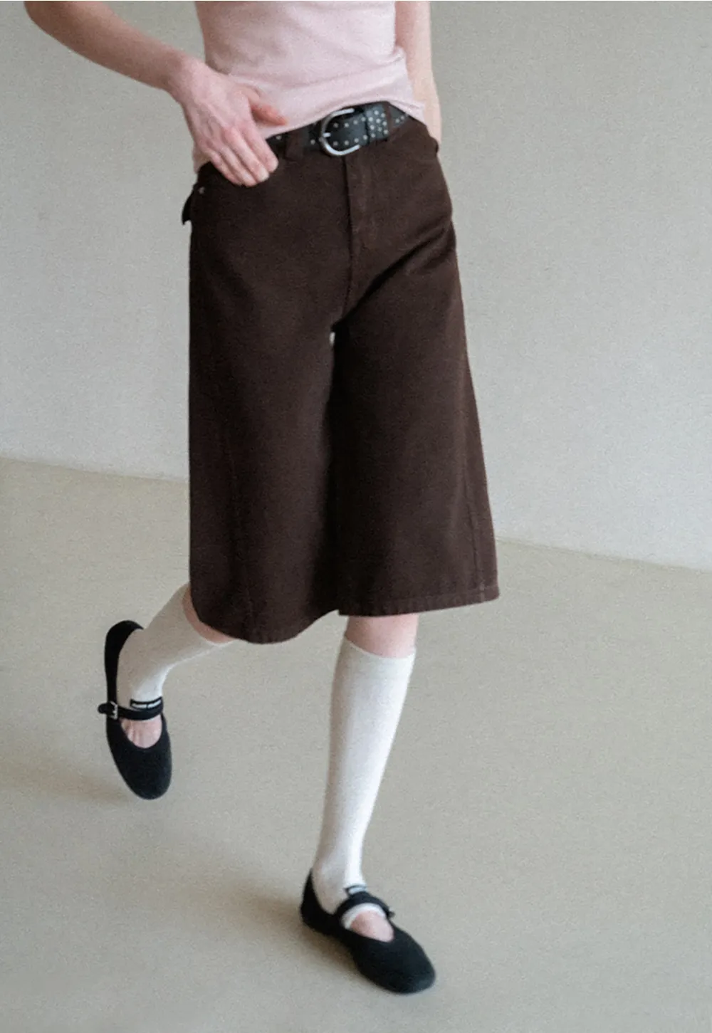 Wide Leg Denim Shorts with Belt and Back Pockets