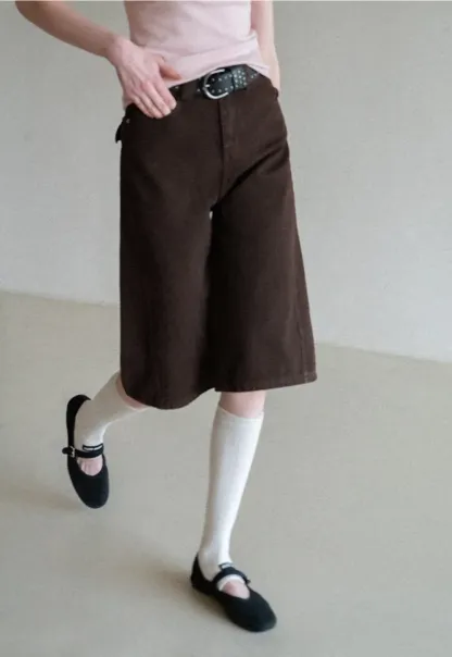 Wide Leg Denim Shorts with Belt and Back Pockets