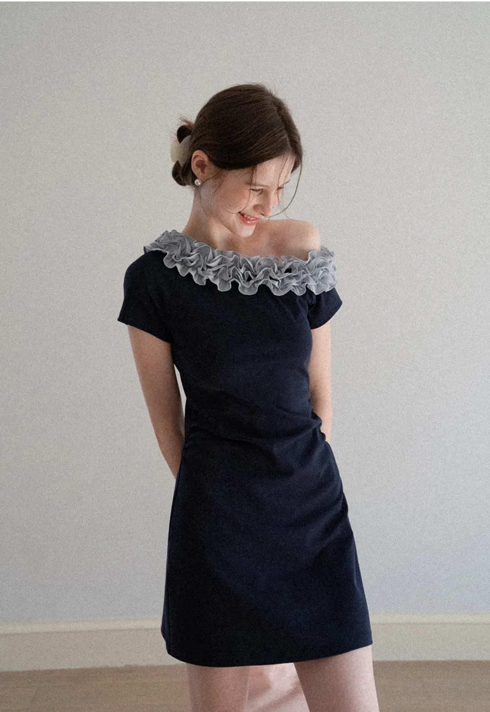 Short Sleeve Dress with Ruffled Off Shoulder Detail