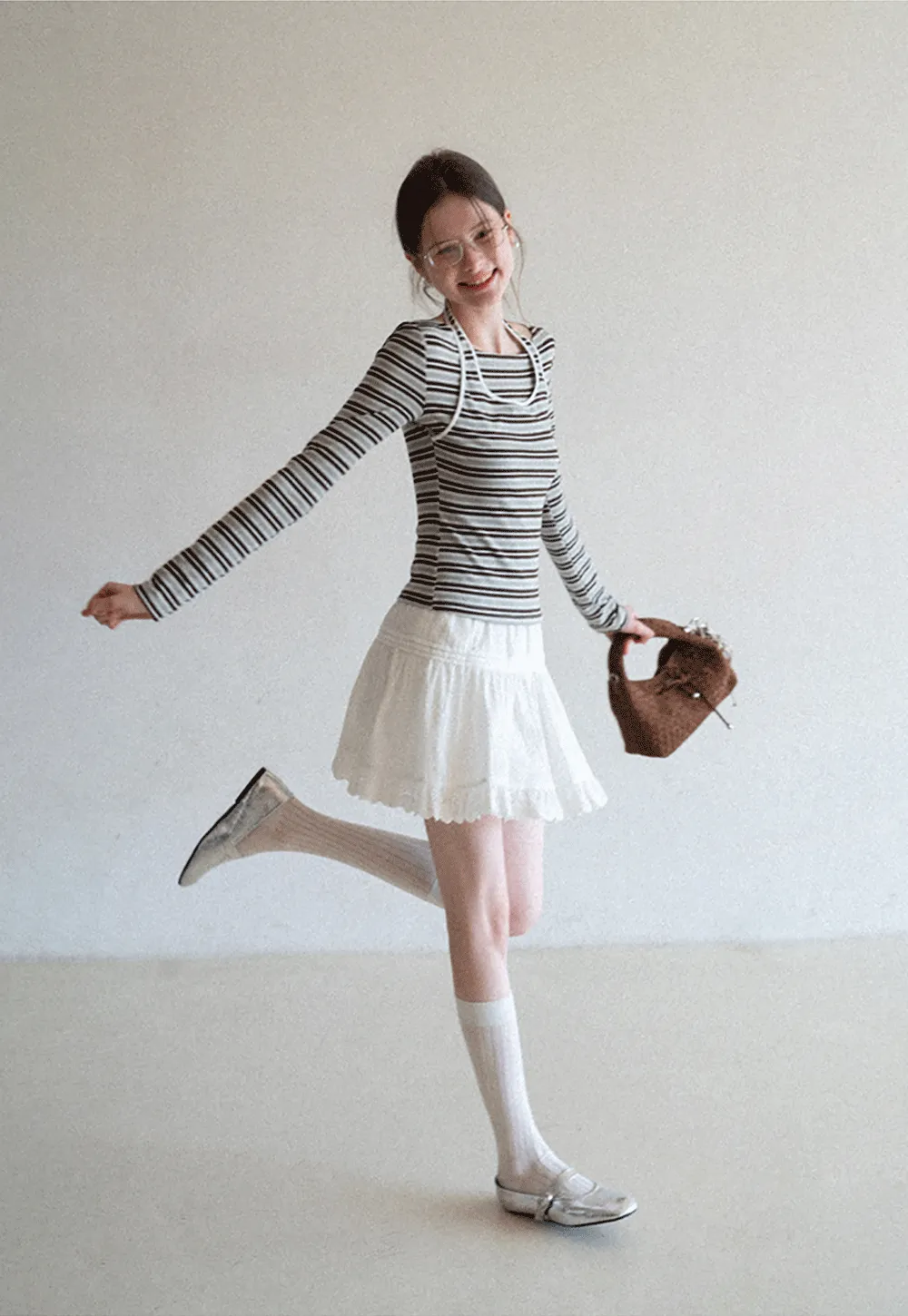 Long sleeve striped top with halter neck detail