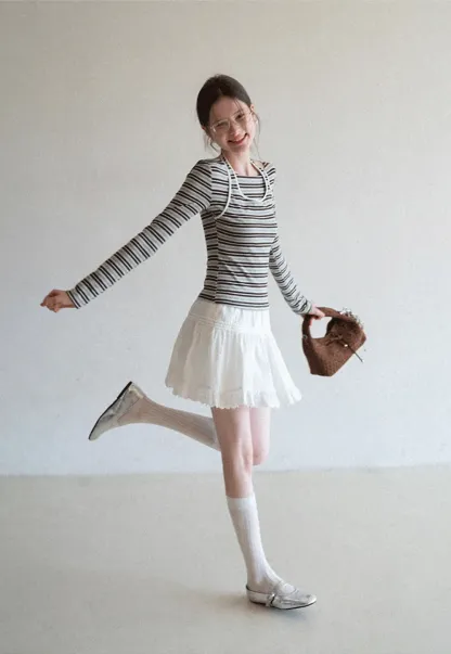 Long sleeve striped top with halter neck detail