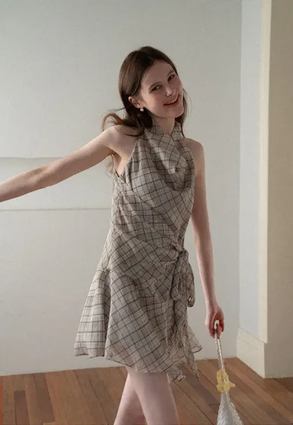 Plaid Halter Neck Wrap Dress with Side Tie