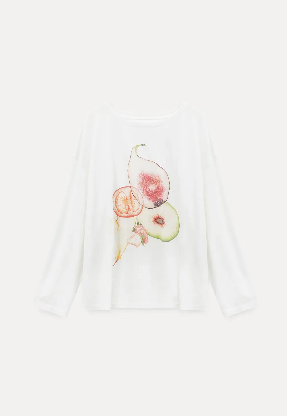 Oversized T shirt with fruit print and sheer neck detail