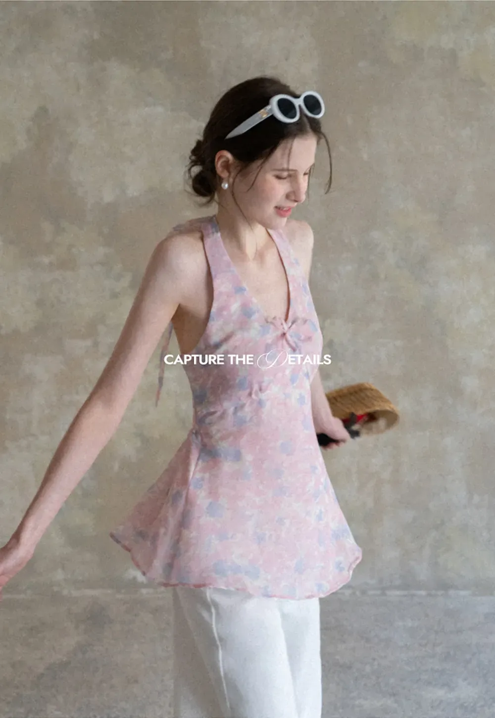 Woolen knit sweater with tie front and floral tank top