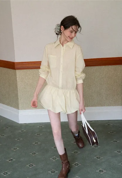 Button Front Shirt Dress with Pleated Pocket and Elastic Waist
