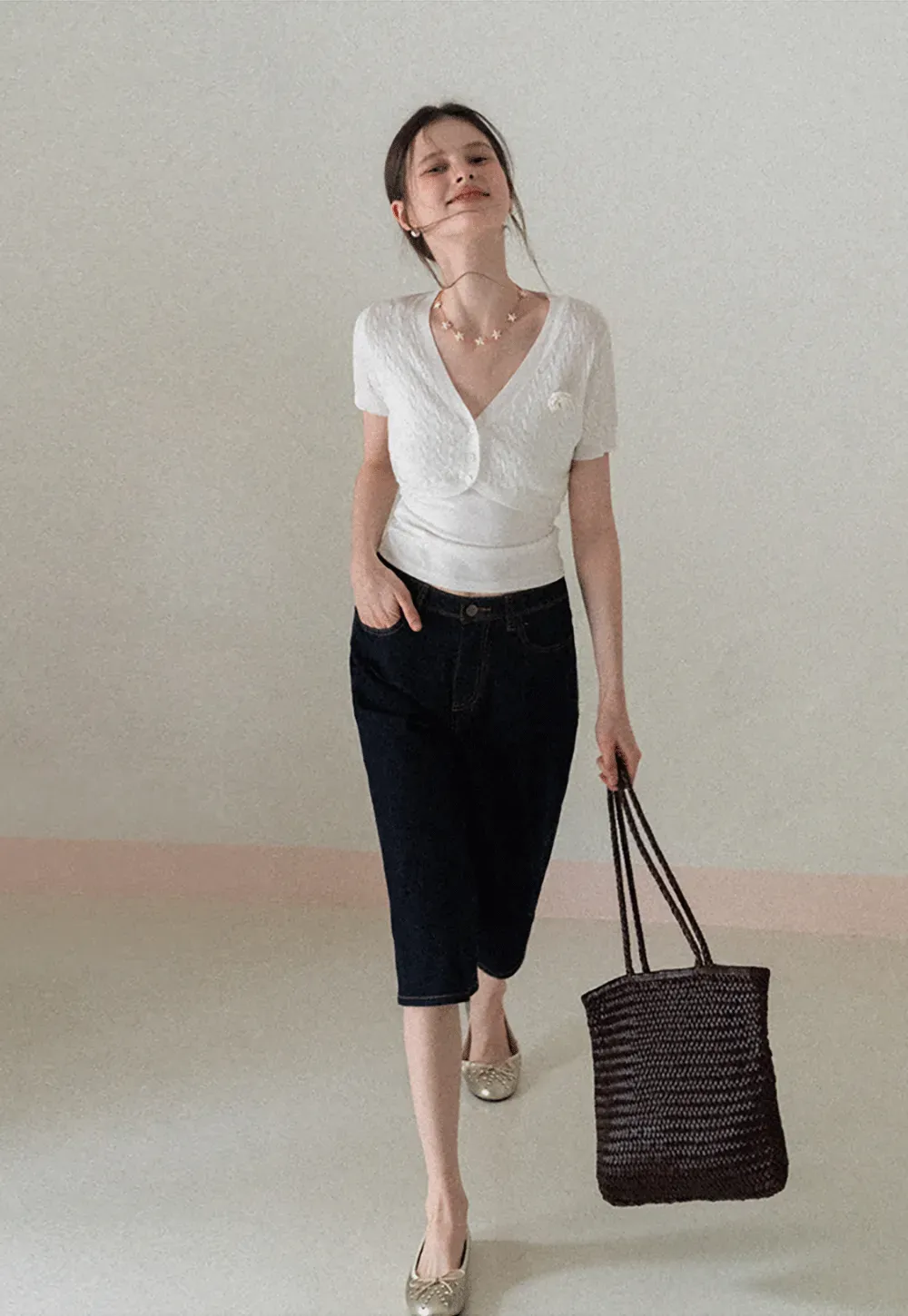 Short Sleeve Cable Knit Cardigan with Button Closure