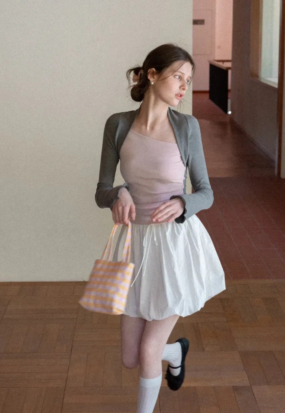 Polka dot long sleeve top with square neckline