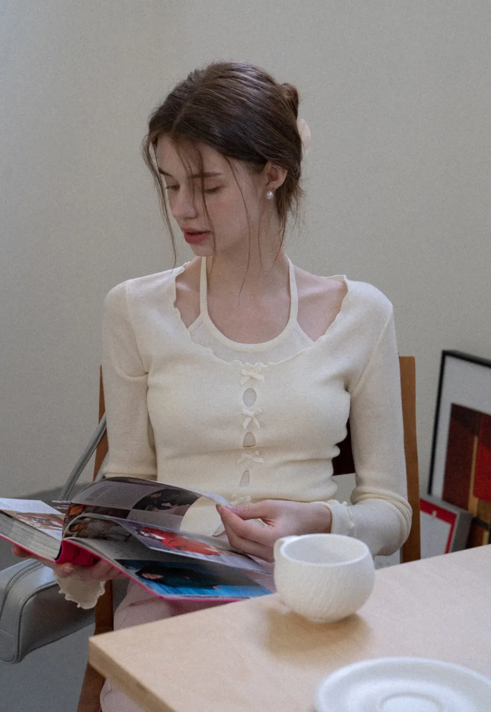 Women Long Sleeve Bow Front Split Hem Lettuce Trim Knit Top