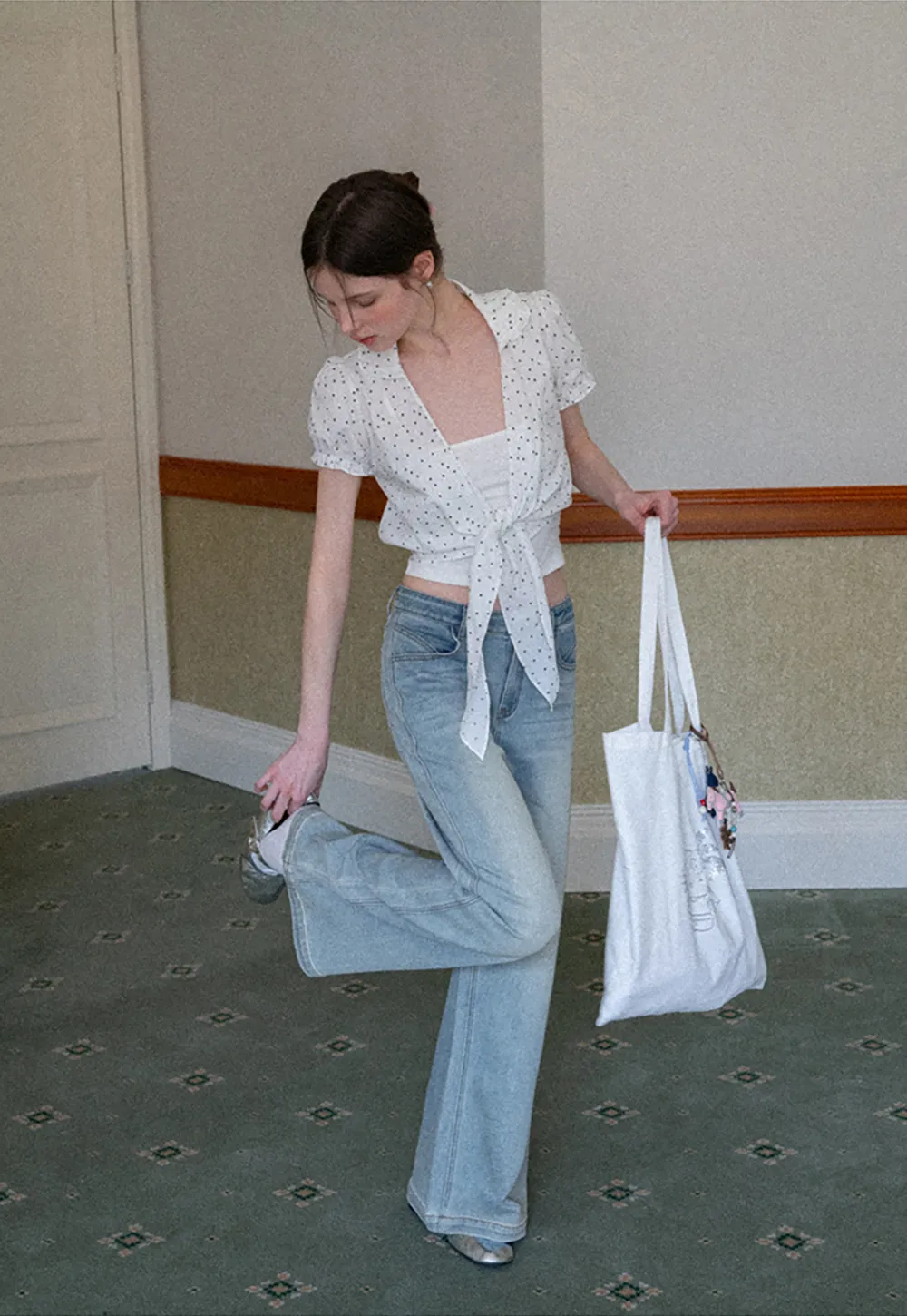 Polka dot short sleeve shirt with front tie detail