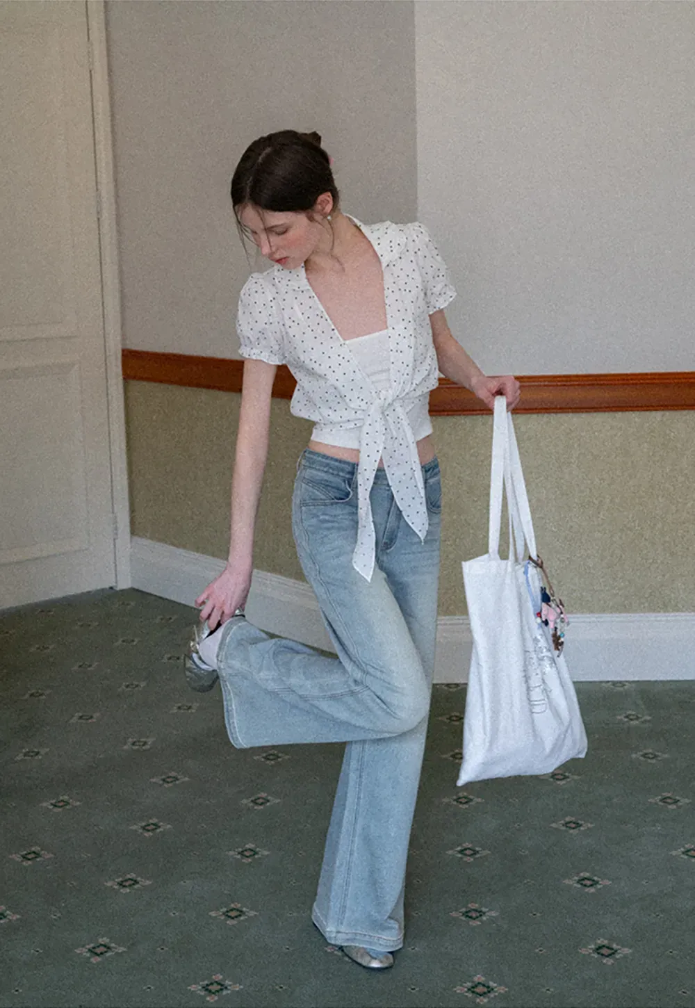 Polka dot short sleeve shirt with front tie detail