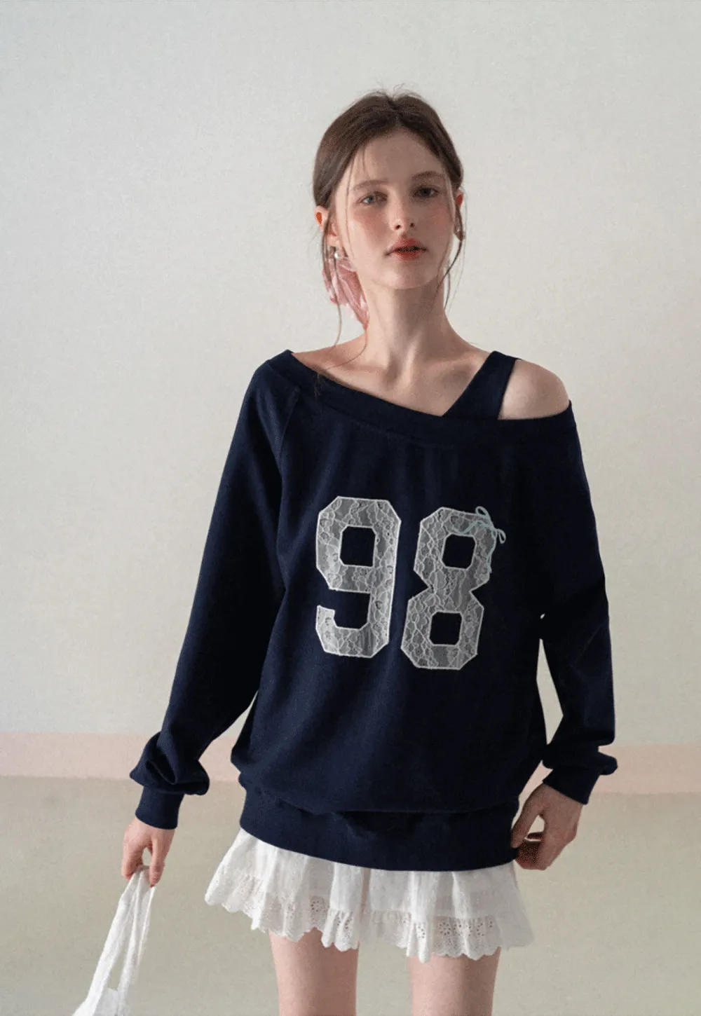 Off Shoulder Sweatshirt with Lace Number Print