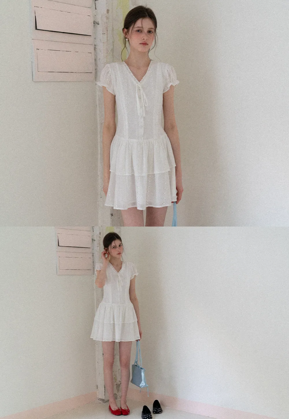 Eyelet Lace Dress with Puffed Sleeves and Tiered Skirt