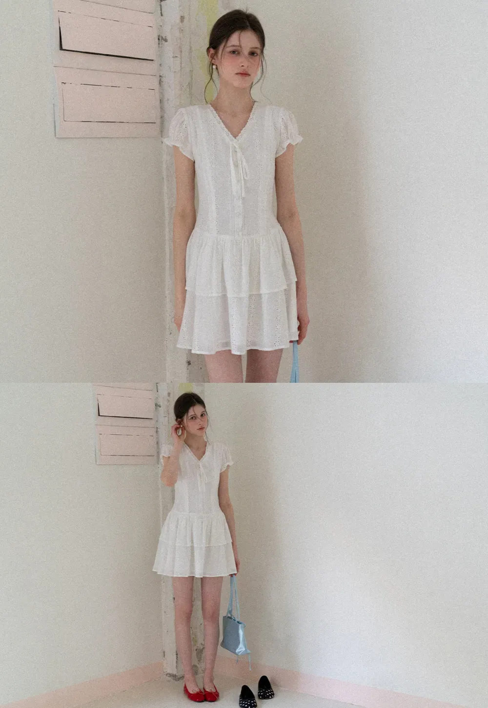 Eyelet Lace Dress with Puffed Sleeves and Tiered Skirt