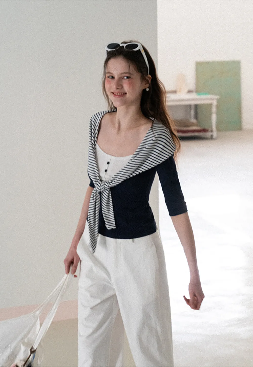 Striped collar tie front short sleeve top