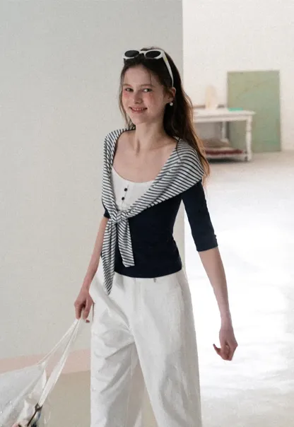 Striped collar tie front short sleeve top