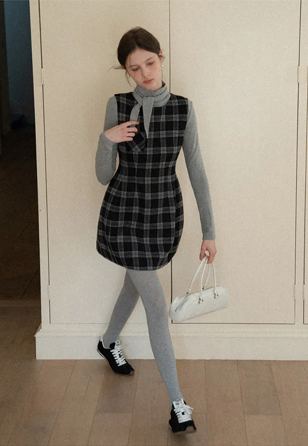 Sleeveless Plaid Dress with High Neck Tie Design