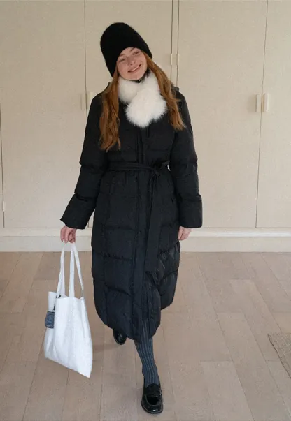 Long Puffer Coat with Fur Trim Hood Belted Design
