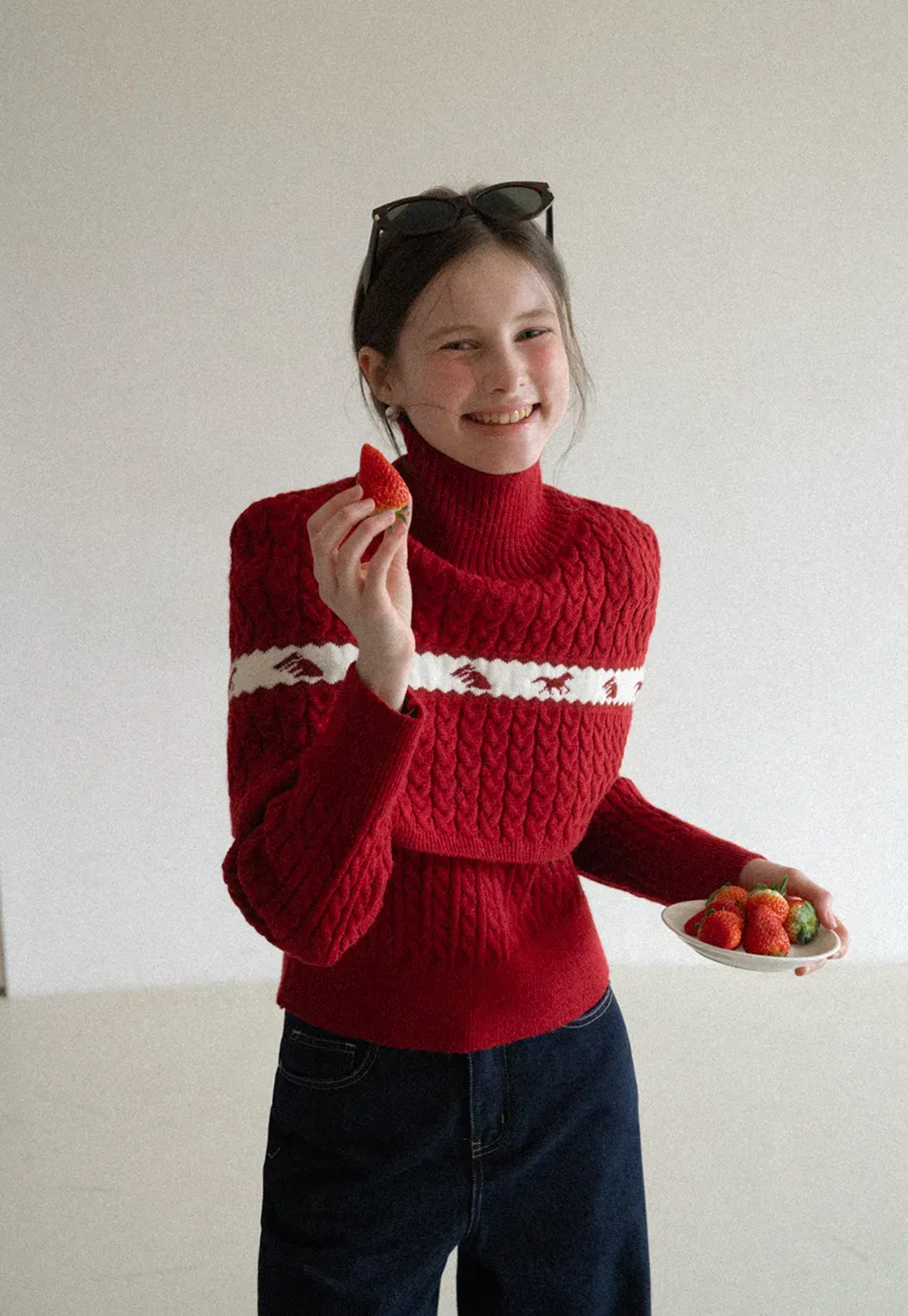 Turtleneck Cable Knit Sweater with Horse Pattern Stripe