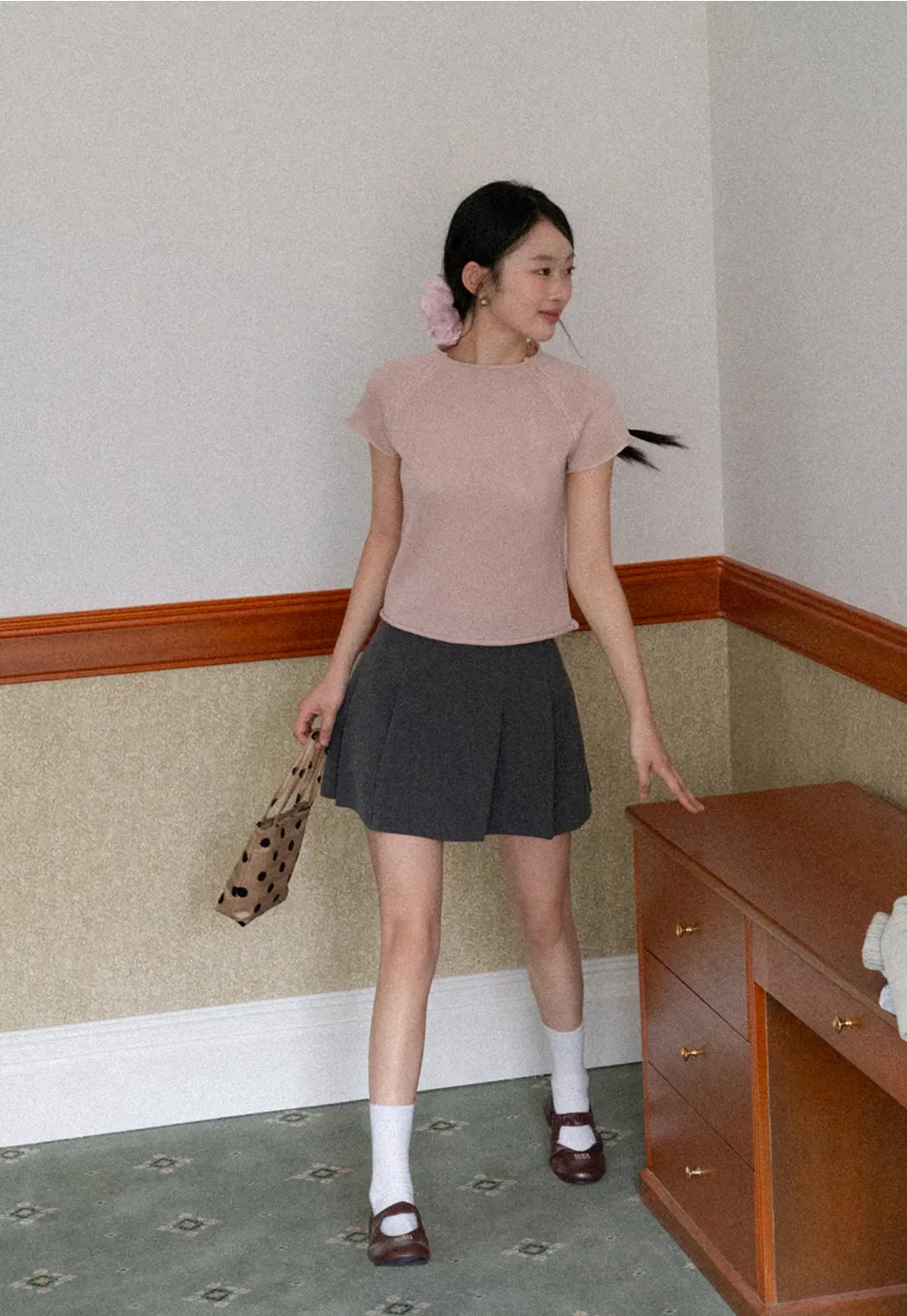 Short Sleeve Ribbed Knit Top with Raglan Sleeves