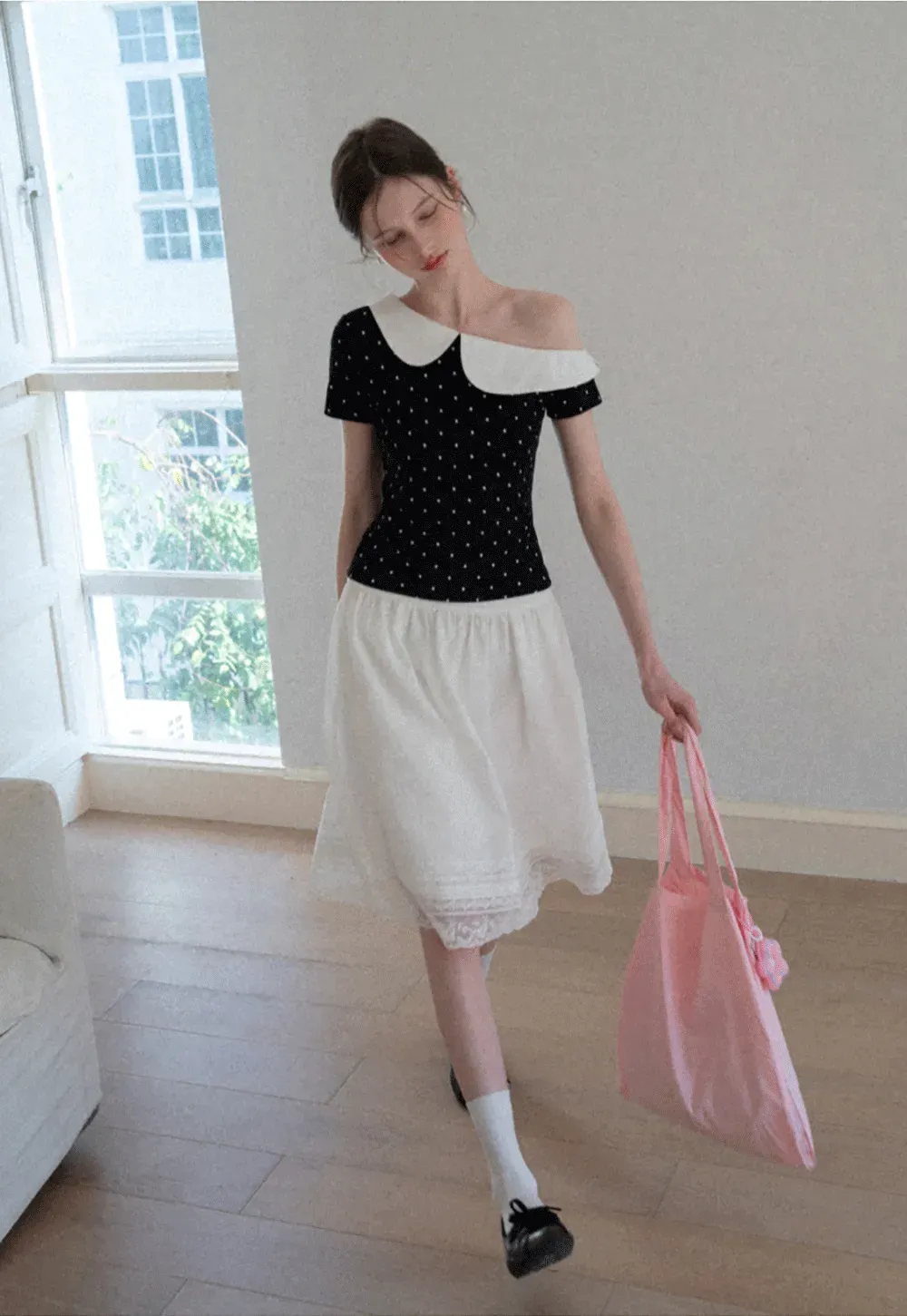 Polka dot short sleeve top with Peter Pan collar