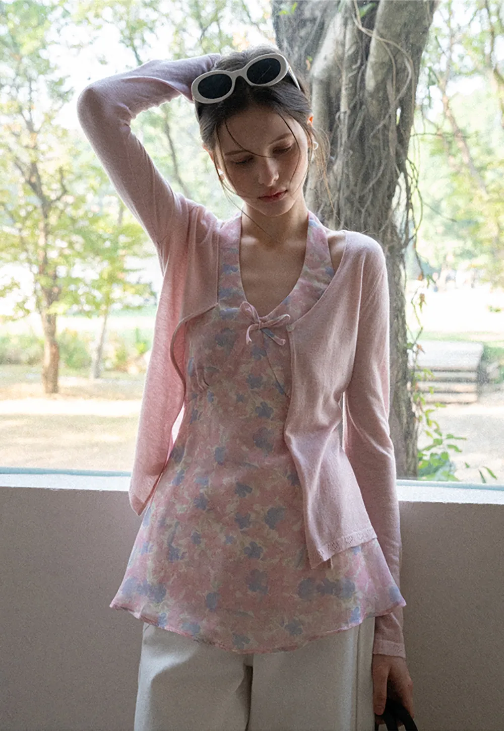 Woolen knit sweater with tie front and floral tank top